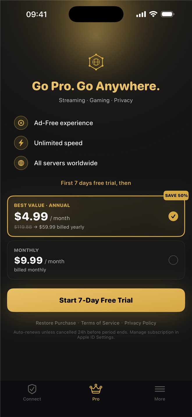 HulaVPN Pro subscription screen showing ad-free VPN, unlimited speed, and worldwide server access