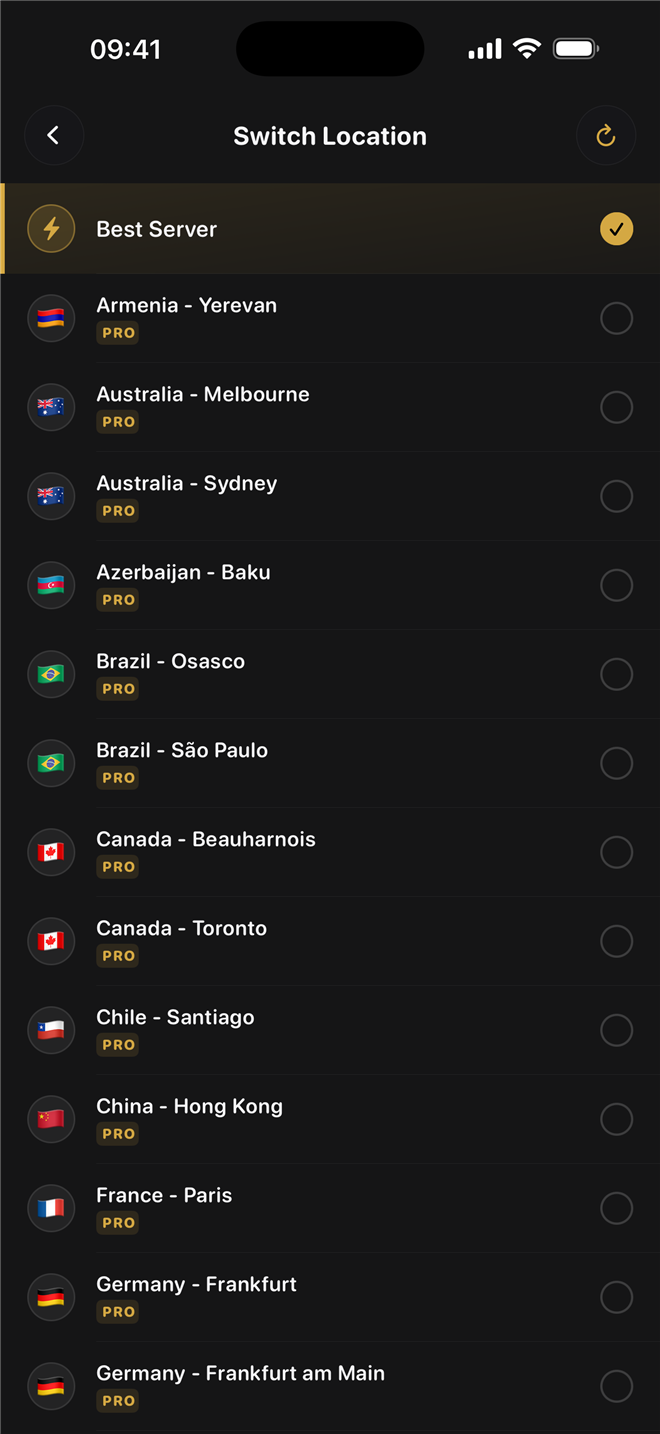 HulaVPN server location list with VPN servers in Australia, Brazil, Canada, France, Germany, and more